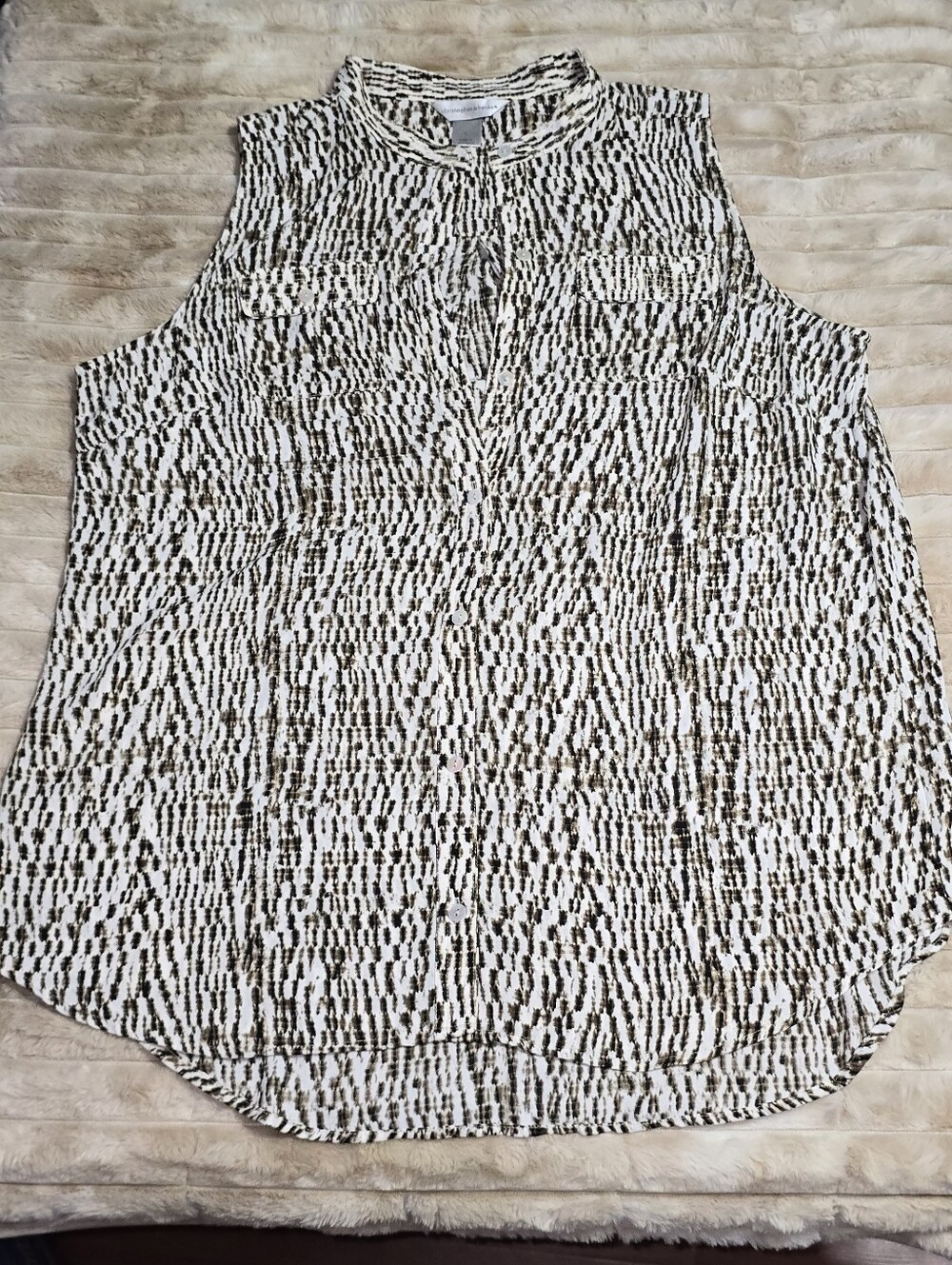Christopher & Banks White and Brown Sleeveless Split-Neck Tank